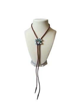 Brown Leather Bolo Bohemian Western Tie Necklace with Turquoise Stone Pendant